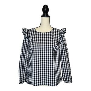 J Crew Top Blue White Plaid Long Sleeve Ruffle Shoulder Keyhole Back Size S